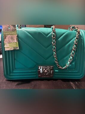 NWT-Designer Badgley Mischka Teal Quilted Chevron Chain Shoulder Bag